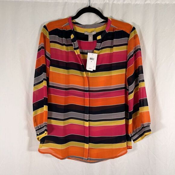 New Banana Republic Blouse Women's Medium Rainbow Short Sleeve Sheer Button Up - Picture 1 of 9
